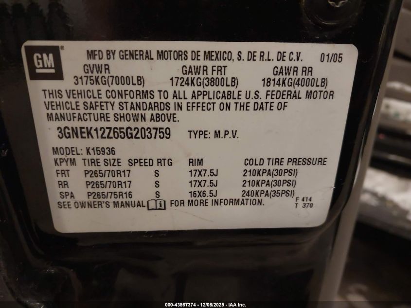 2005 Chevrolet Avalanche 1500 Z71 VIN: 3GNEK12Z65G203759 Lot: 43867374