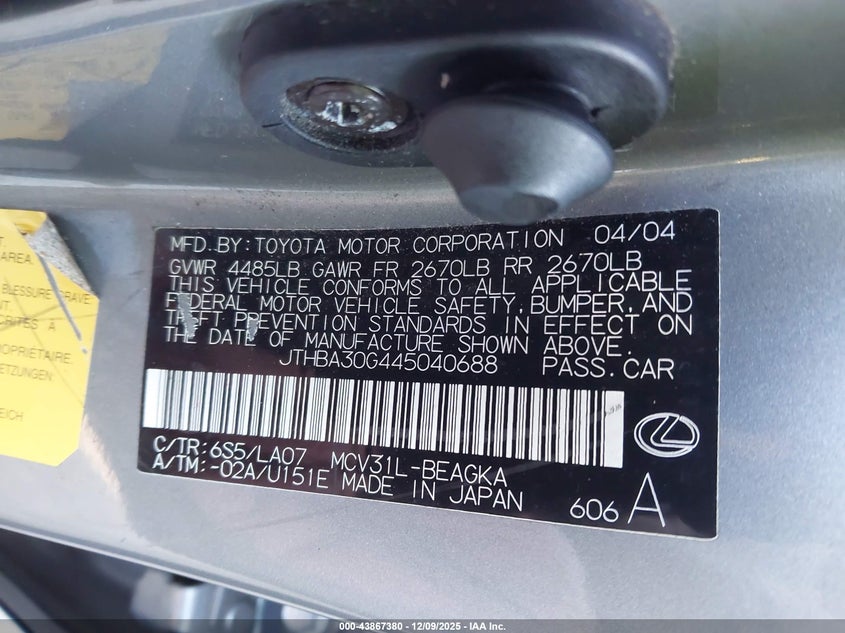 JTHBA30G445040688 2004 LEXUS ES photo no. 9