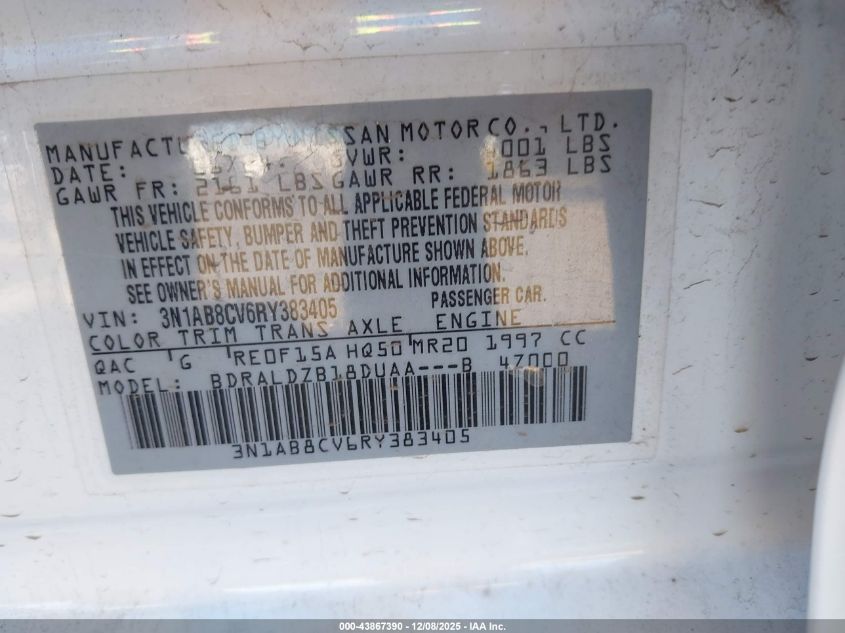 2024 Nissan Sentra Sv Xtronic Cvt VIN: 3N1AB8CV6RY383405 Lot: 43867390