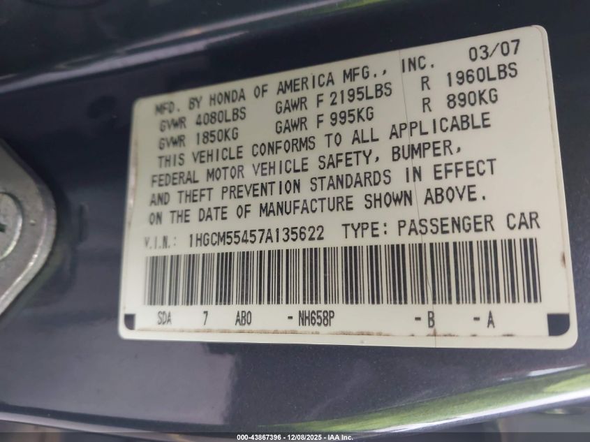 2007 Honda Accord 2.4 Lx VIN: 1HGCM55457A135622 Lot: 43867396