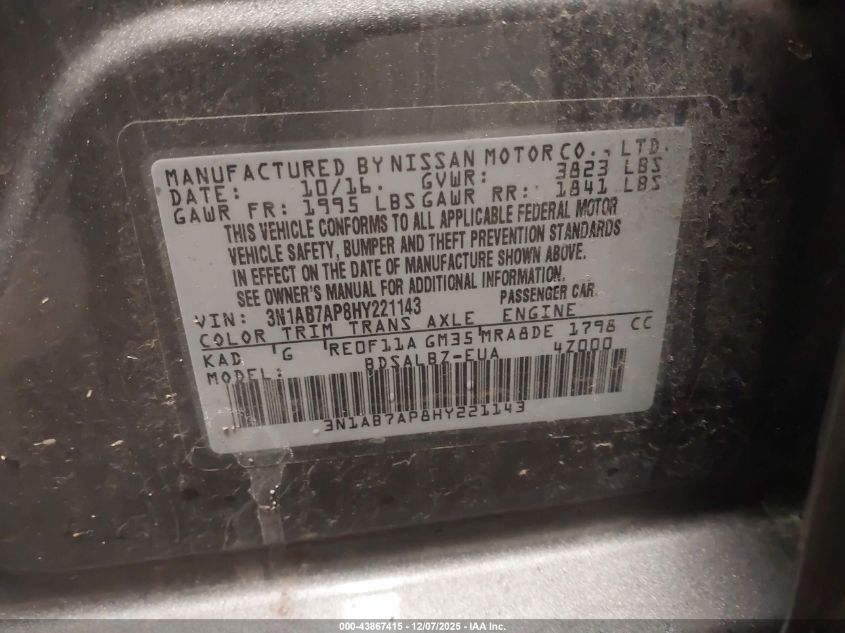 2017 Nissan Sentra S VIN: 3N1AB7AP8HY221143 Lot: 43867415