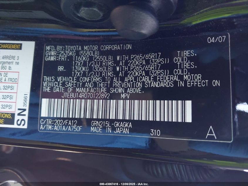 2007 Toyota 4Runner Sr5 V6 VIN: JTEBU14R070122892 Lot: 43867416