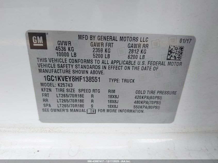 2017 Chevrolet Silverado 2500Hd Lt VIN: 1GC1KVEY8HF138551 Lot: 43867417
