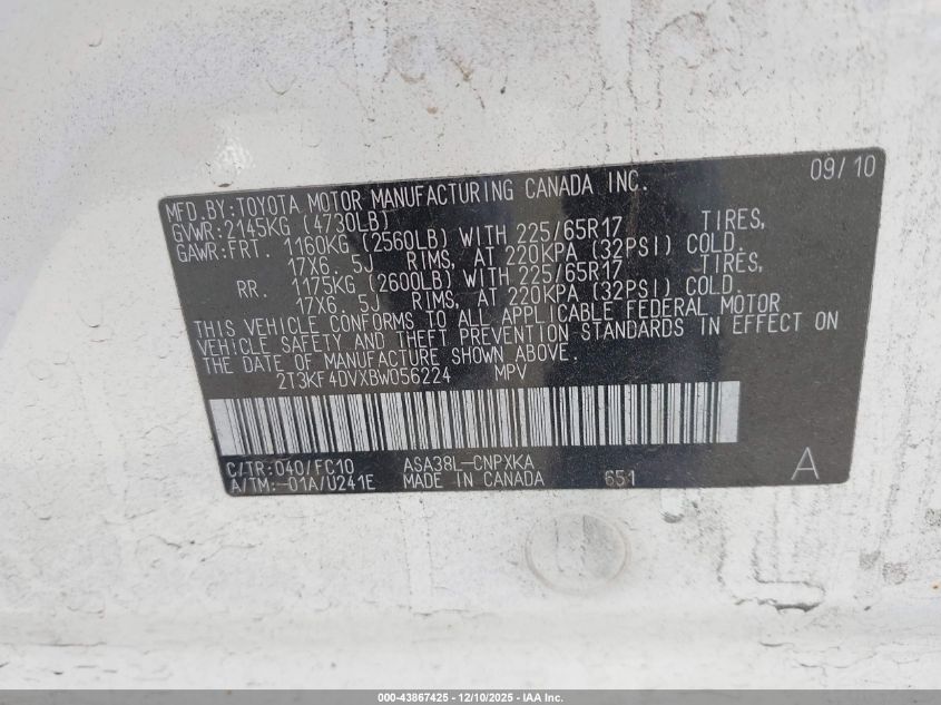 2011 Toyota Rav4 VIN: 2T3KF4DVXBW056224 Lot: 43867425