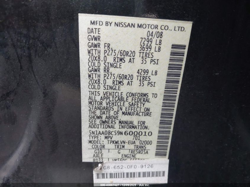 2009 Nissan Armada Le VIN: 5N1AA08C59N600010 Lot: 43867427