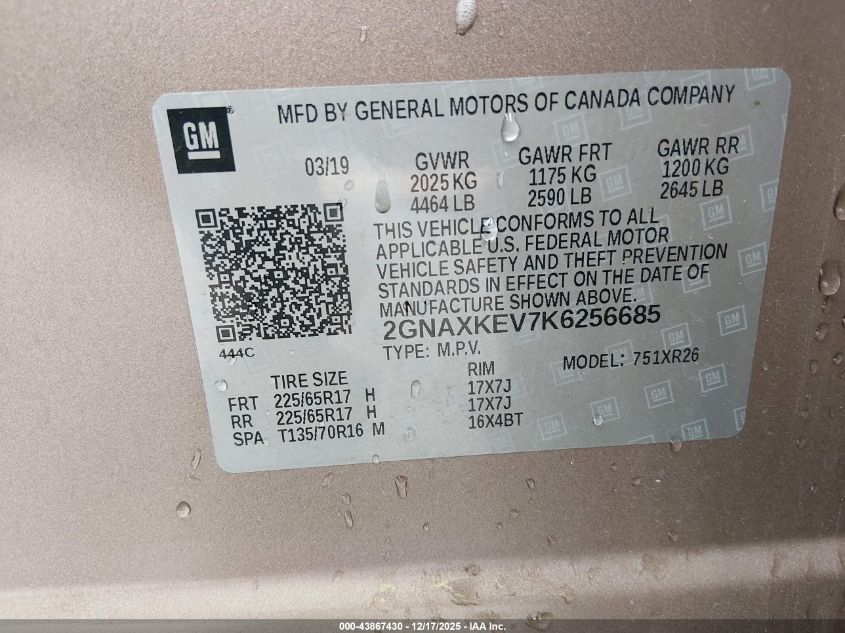 2019 Chev Equinox Lt1 Fwd Lt VIN: 2GNAXKEV7K6256685 Lot: 43867430