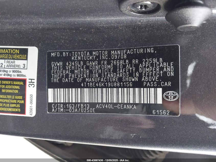 2009 Toyota Camry Le VIN: 4T1BE46K19U881156 Lot: 43867436