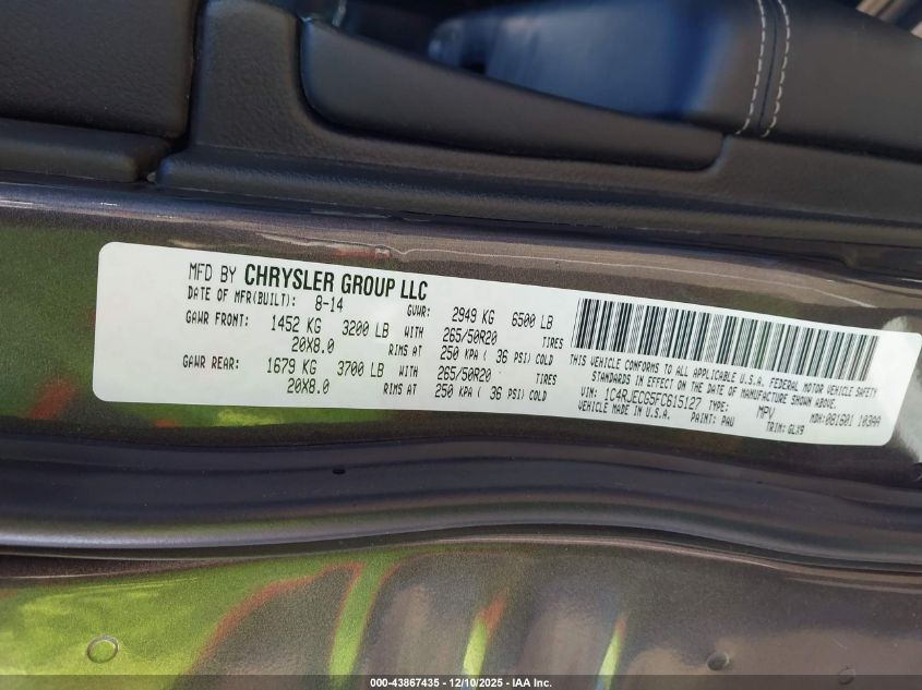 2015 Jeep Grand Cherokee Overland VIN: 1C4RJECG5FC615127 Lot: 43867435