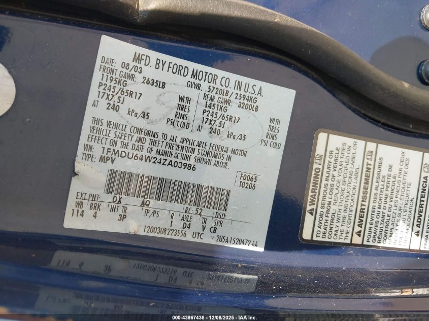 2004 Ford Explorer Eddie Bauer VIN: 1FMDU64W24ZA03986 Lot: 43867438