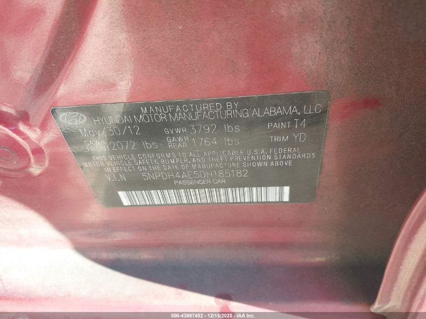 2013 Hyundai Elantra Gls/Limited VIN: 5NPDH4AE5DH185182 Lot: 43867452