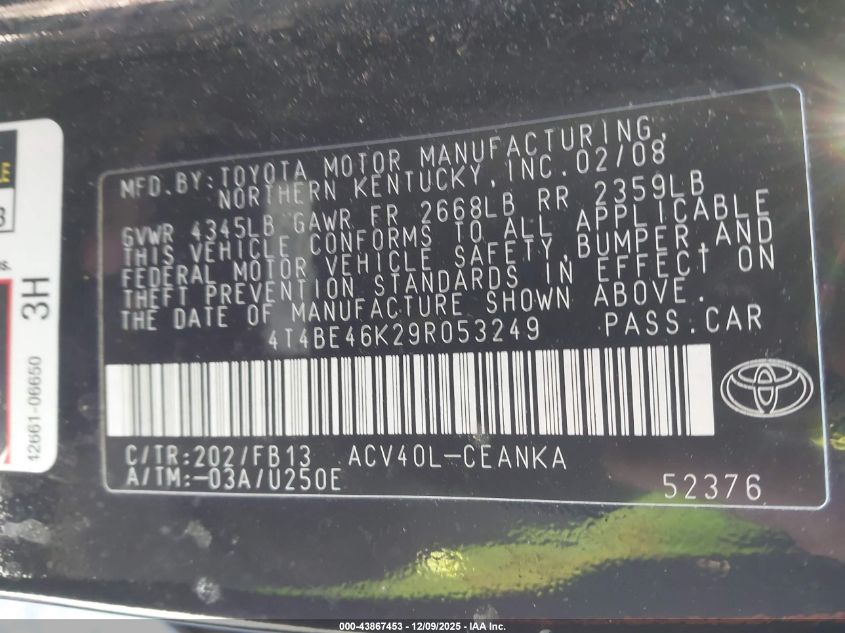 2009 Toyota Camry Le VIN: 4T4BE46K29R053249 Lot: 43867453