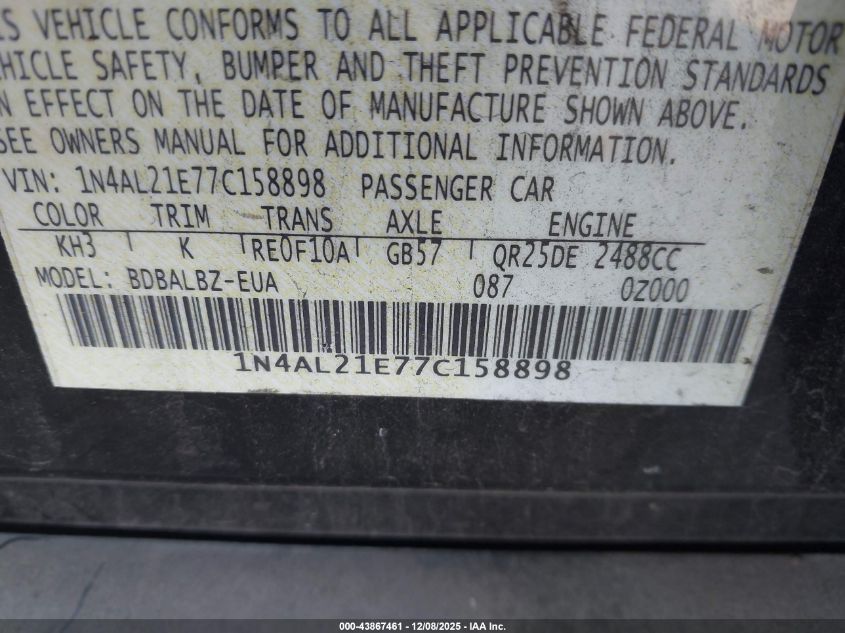 2007 Nissan Altima 2.5 S VIN: 1N4AL21E77C158898 Lot: 43867461