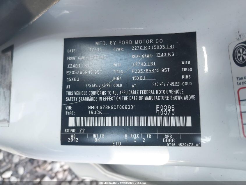 2012 Ford Transit Connect Xlt VIN: NM0LS7BN9CT088331 Lot: 43867468