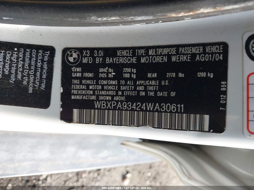 2004 BMW X3 3.0I VIN: WBXPA93424WA30611 Lot: 43867469