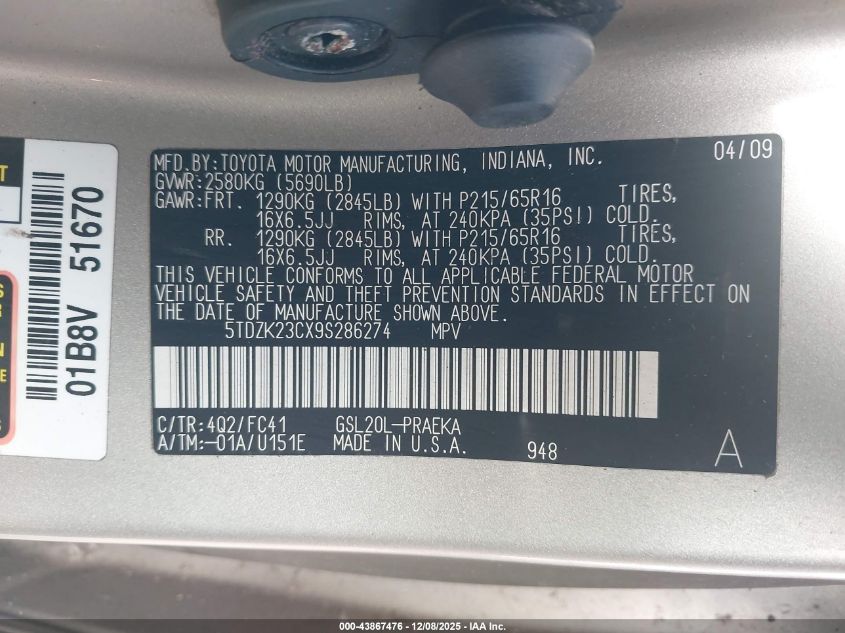 2009 Toyota Sienna Le VIN: 5TDZK23CX9S286274 Lot: 43867476