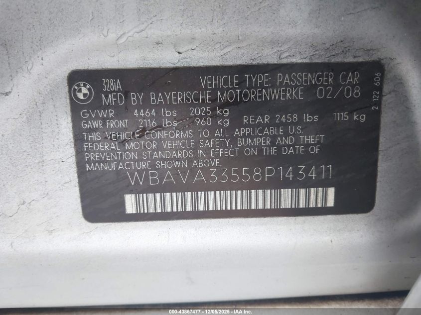 2008 BMW 328I VIN: WBAVA33558P143411 Lot: 43867477