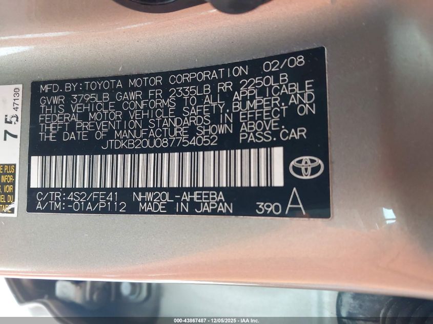 2008 Toyota Prius VIN: JTDKB20U087754052 Lot: 43867487