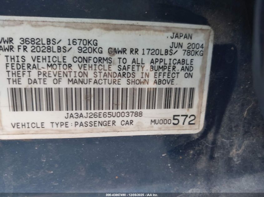 2005 Mitsubishi Lancer Es VIN: JA3AJ26E65U003788 Lot: 43867490