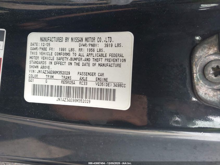 2006 Nissan 350Z Touring VIN: JN1AZ34E96M352029 Lot: 43867494