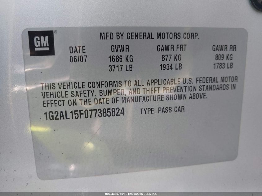 2007 Pontiac G5 VIN: 1G2AL15F077385824 Lot: 43867501