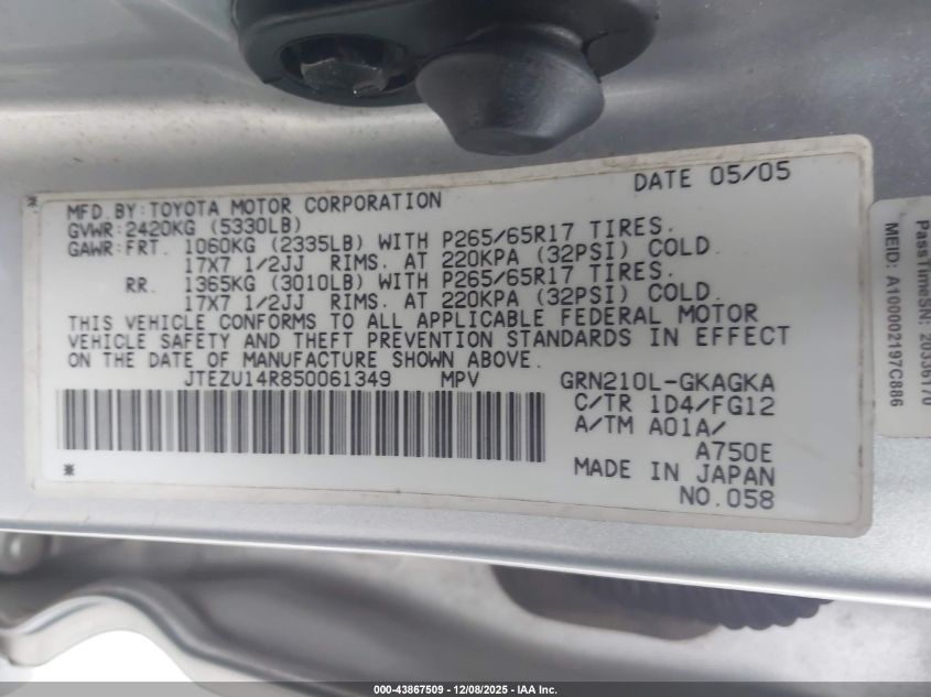 2005 Toyota 4Runner Sr5 V6 VIN: JTEZU14R850061349 Lot: 43867509