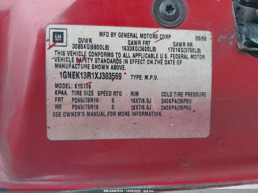 1999 Chevrolet Tahoe Ls VIN: 1GNEK13R1XJ383569 Lot: 43867516