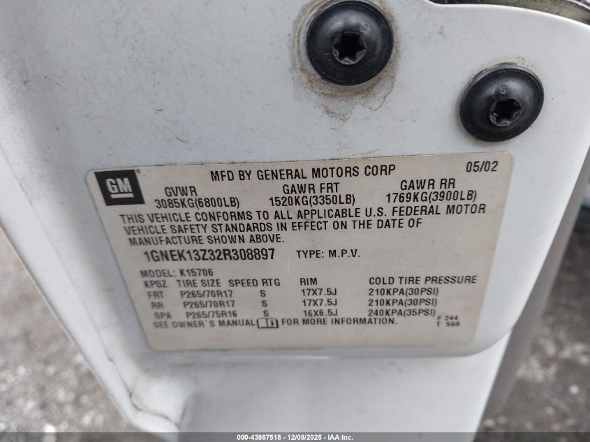 2002 Chevrolet Tahoe Z71 VIN: 1GNEK13Z32R308897 Lot: 43867518