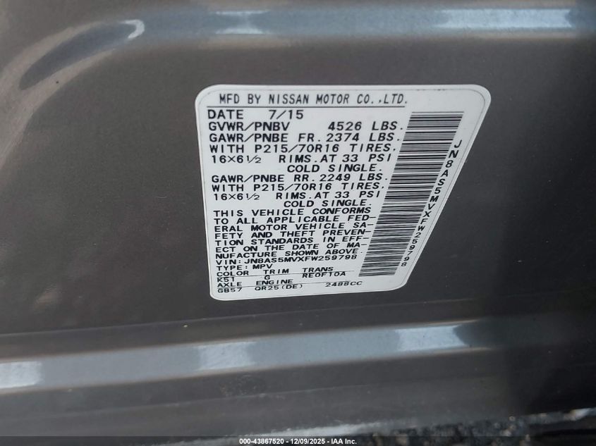 2015 Nissan Rogue Select S VIN: JN8AS5MVXFW259798 Lot: 43867520