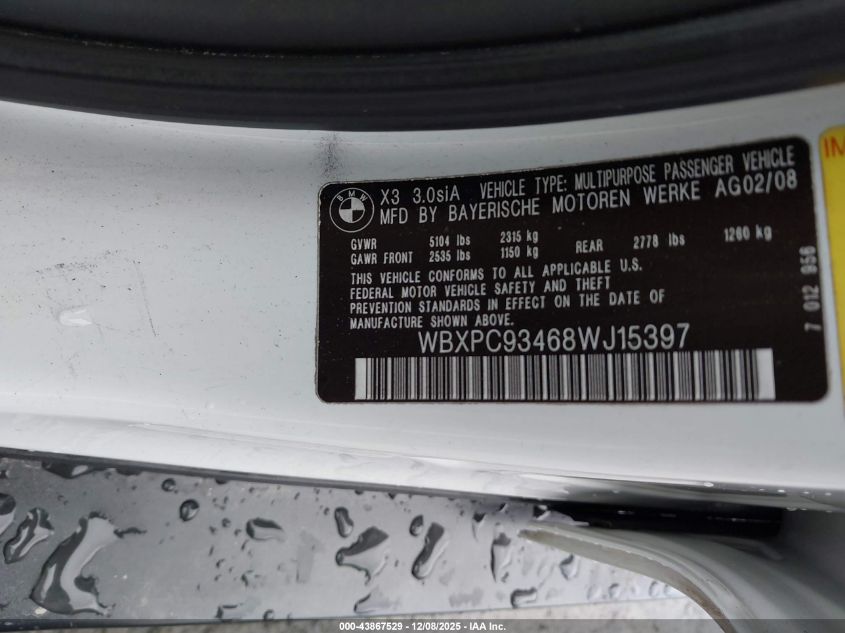 2008 BMW X3 3.0Si VIN: WBXPC93468WJ15397 Lot: 43867529