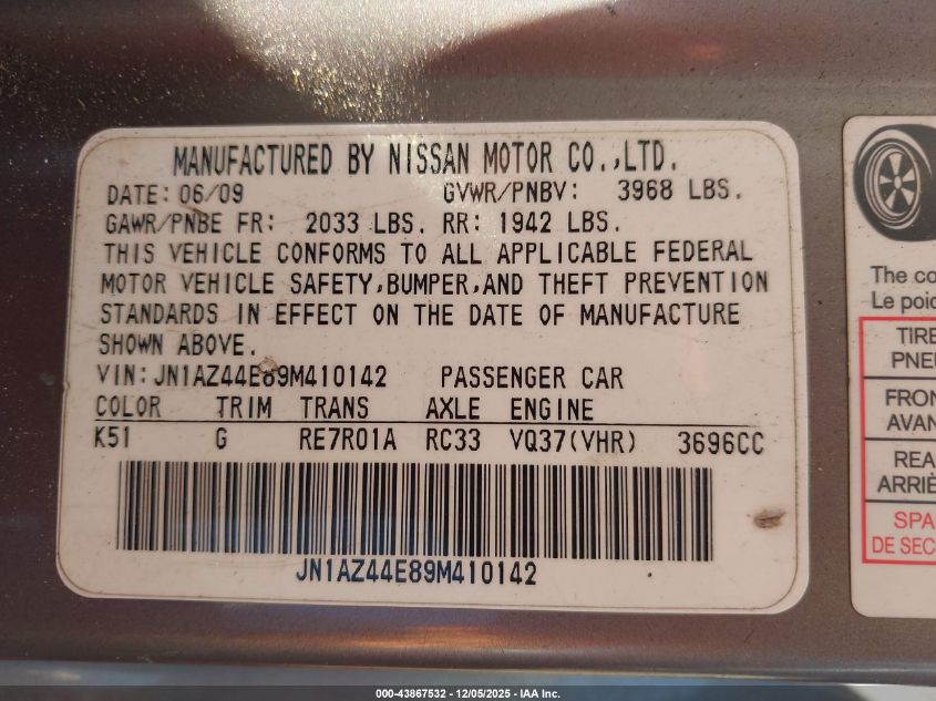 2009 Nissan 370Z Touring VIN: JN1AZ44E89M410142 Lot: 43867532