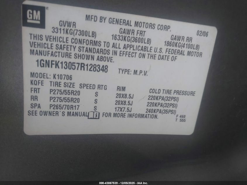 2007 Chevrolet Tahoe Ltz VIN: 1GNFK13057R128348 Lot: 43867539