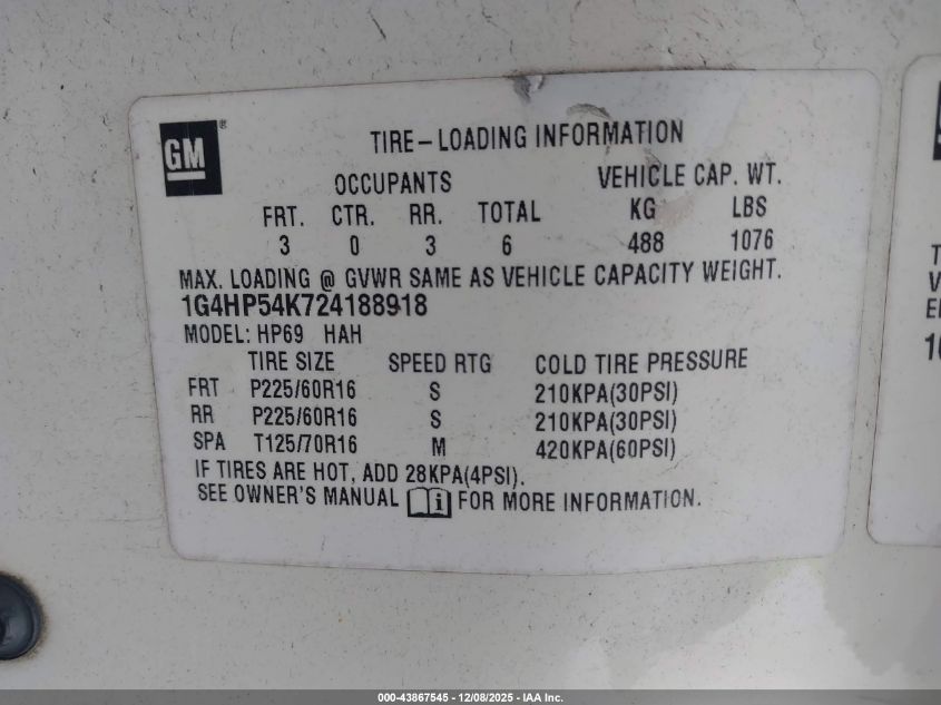 2002 Buick Lesabre Custom VIN: 1G4HP54K724188918 Lot: 43867545