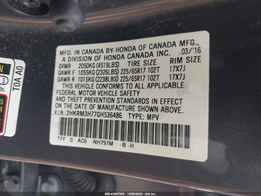 2016 Honda Cr-V Ex-L VIN: 2HKRM3H77GH536486 Lot: 43867555