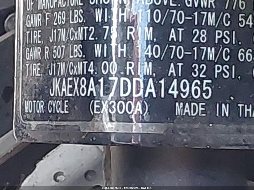 2013 Kawasaki Ex300 A VIN: JKAEX8A17DDA14965 Lot: 43867588