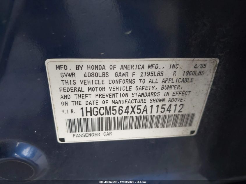 2005 Honda Accord 2.4 Lx VIN: 1HGCM564X5A115412 Lot: 43867598