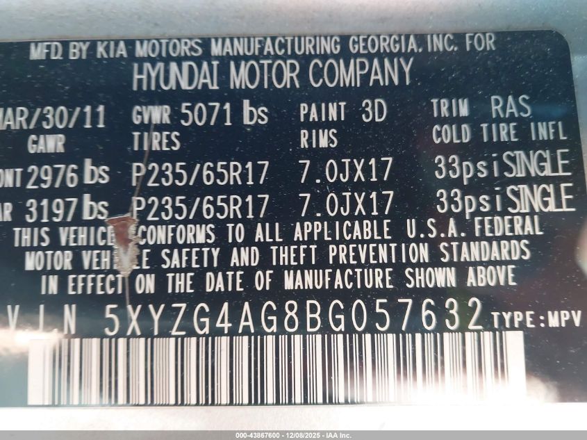 2011 Hyundai Santa Fe Gls V6 VIN: 5XYZG4AG8BG057632 Lot: 43867600