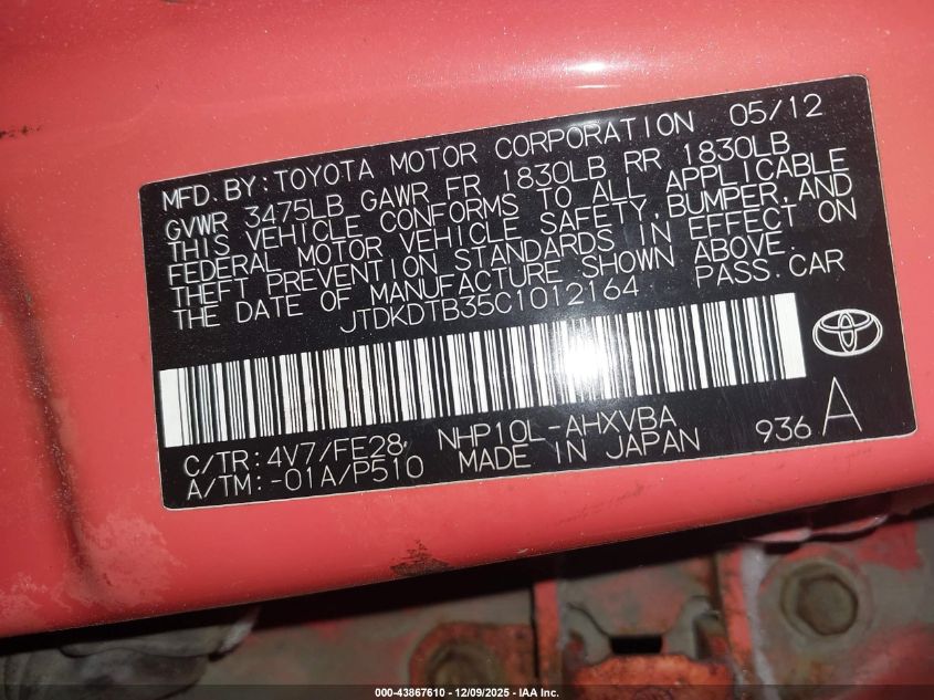 2012 Toyota Prius C One VIN: JTDKDTB35C1012164 Lot: 43867610