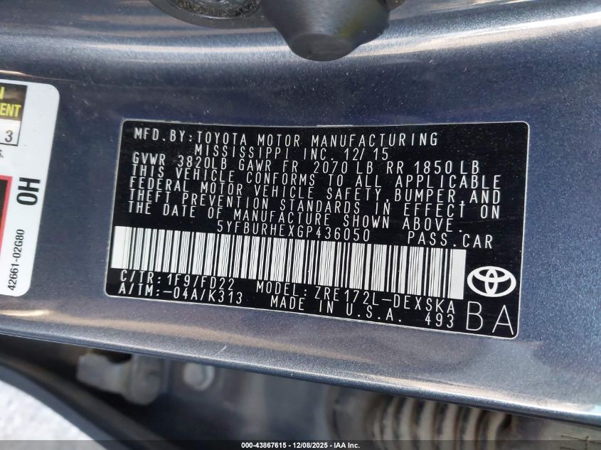 2016 Toyota Corolla S Plus VIN: 5YFBURHEXGP436050 Lot: 43867615