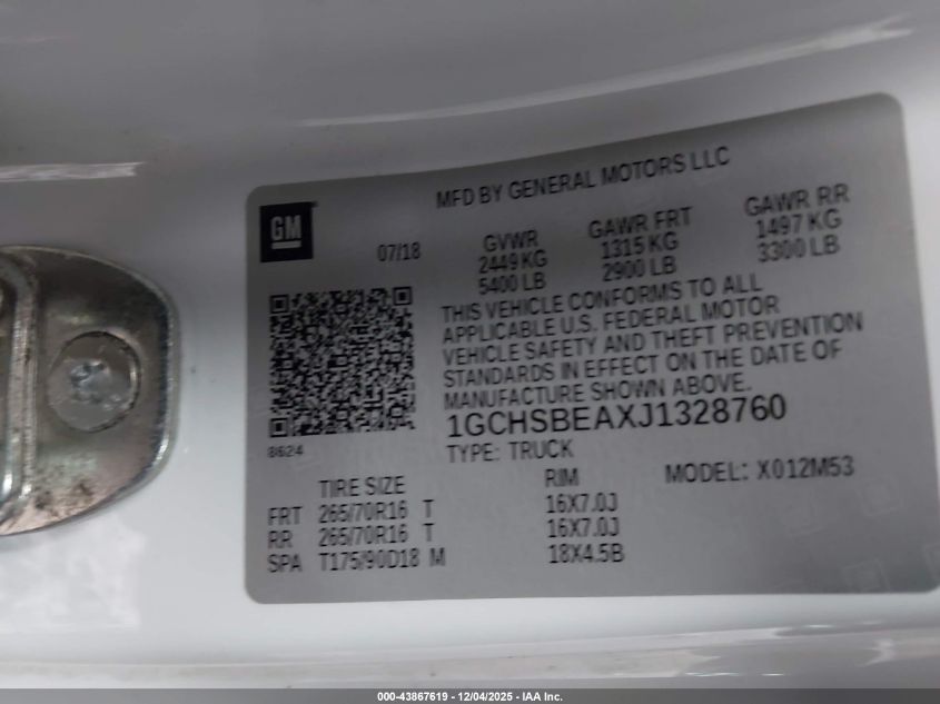 2018 Chevrolet Colorado Wt VIN: 1GCHSBEAXJ1328760 Lot: 43867619