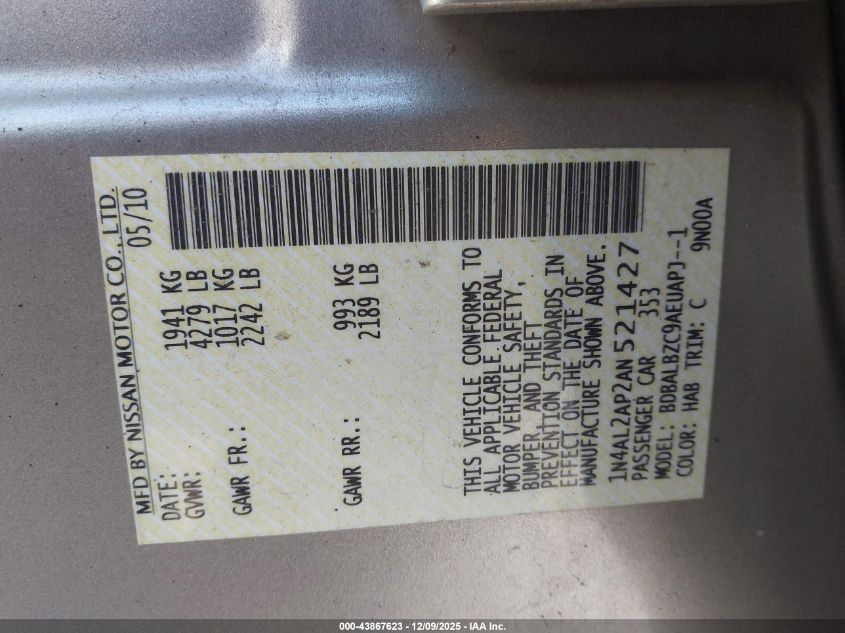 2010 Nissan Altima 2.5 S VIN: 1N4AL2AP2AN521427 Lot: 43867623