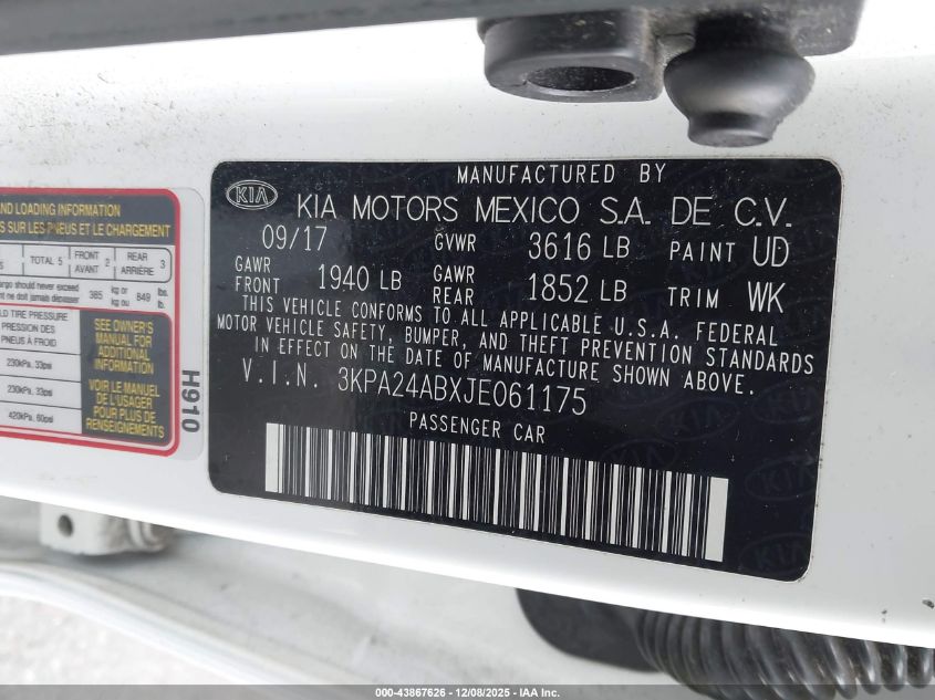 2018 Kia Rio Lx VIN: 3KPA24ABXJE061175 Lot: 43867626