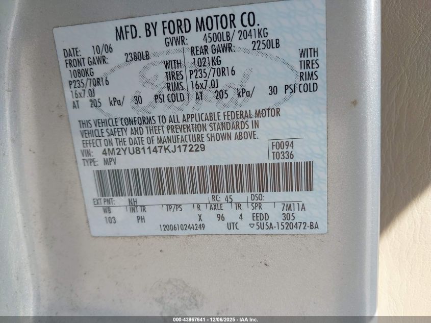 2007 Mercury Mariner Luxury VIN: 4M2YU81147KJ17229 Lot: 43867641