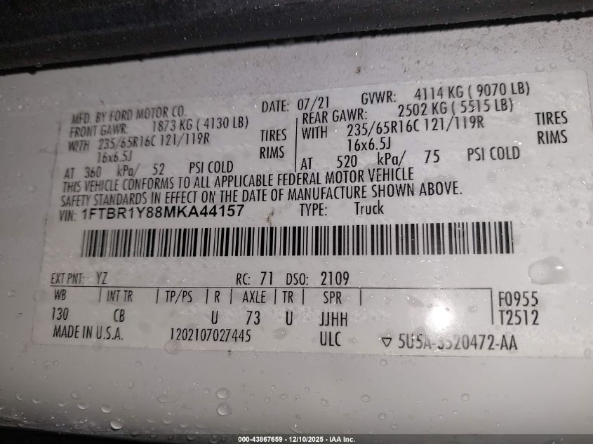 2021 Ford Transit-250 VIN: 1FTBR1Y88MKA44157 Lot: 43867659