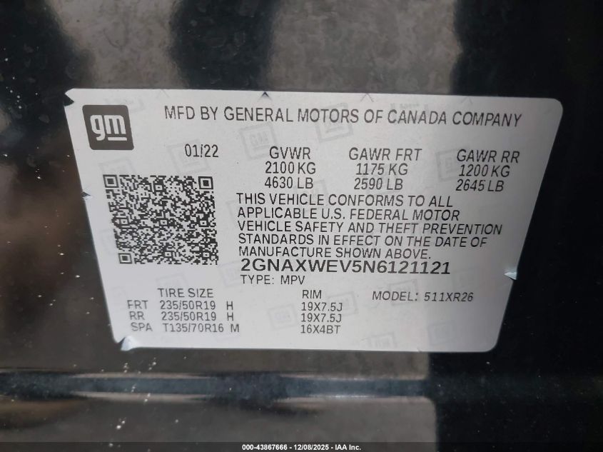 2022 Chevrolet Equinox Awd Rs VIN: 2GNAXWEV5N6121121 Lot: 43867666