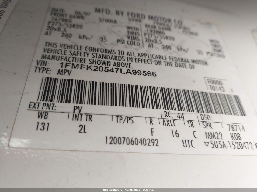 2007 Ford Expedition El Limited VIN: 1FMFK20547LA99566 Lot: 43867677