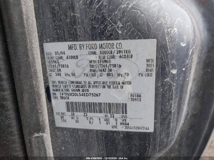 2004 Ford F-250 Lariat/Xl/Xlt VIN: 1FTNX20L54ED75267 Lot: 43867683