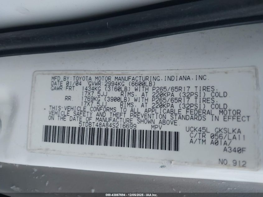 2004 Toyota Sequoia Limited V8 VIN: 5TDBT48A84S216699 Lot: 43867694