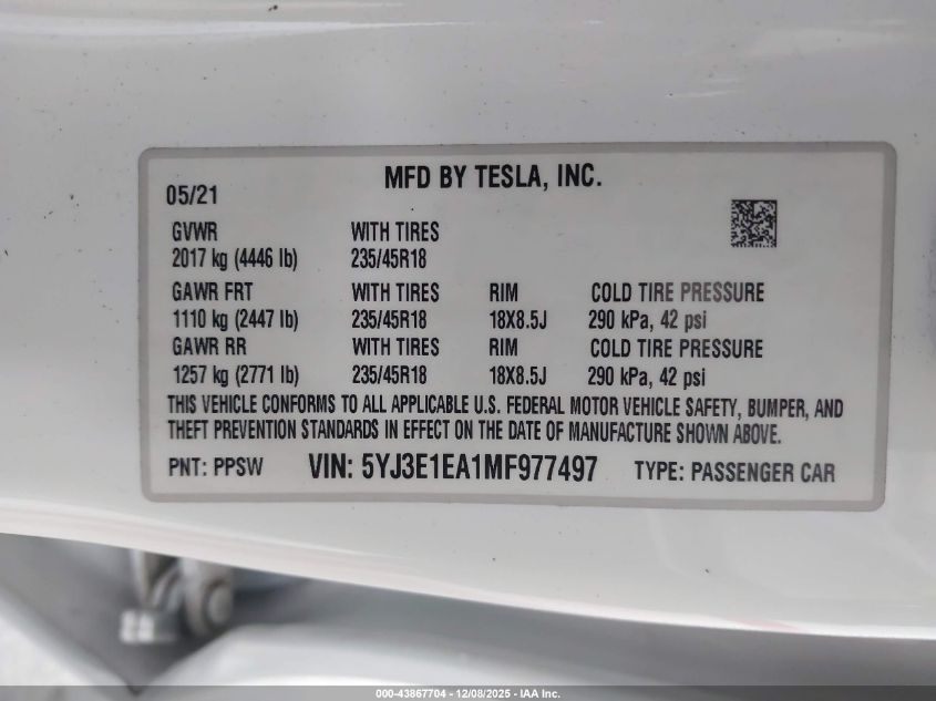 2021 Tesla Model 3 Standard Range Plus Rear-Wheel Drive VIN: 5YJ3E1EA1MF977497 Lot: 43867704