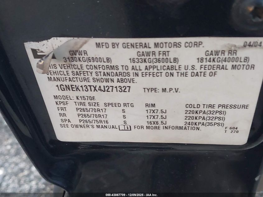 2004 Chevrolet Tahoe Ls VIN: 1GNEK13TX4J271327 Lot: 43867709
