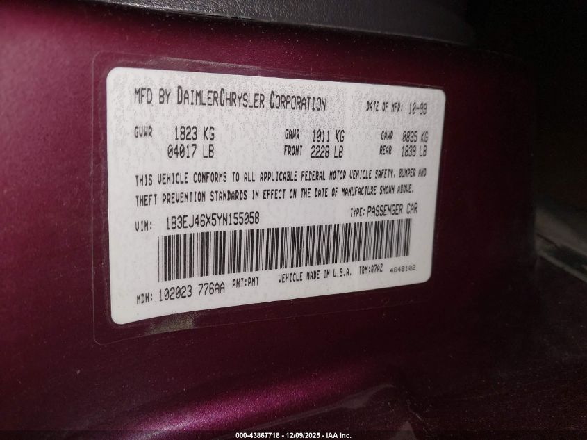 2000 Dodge Stratus Se VIN: 1B3EJ46X5YN155058 Lot: 43867718